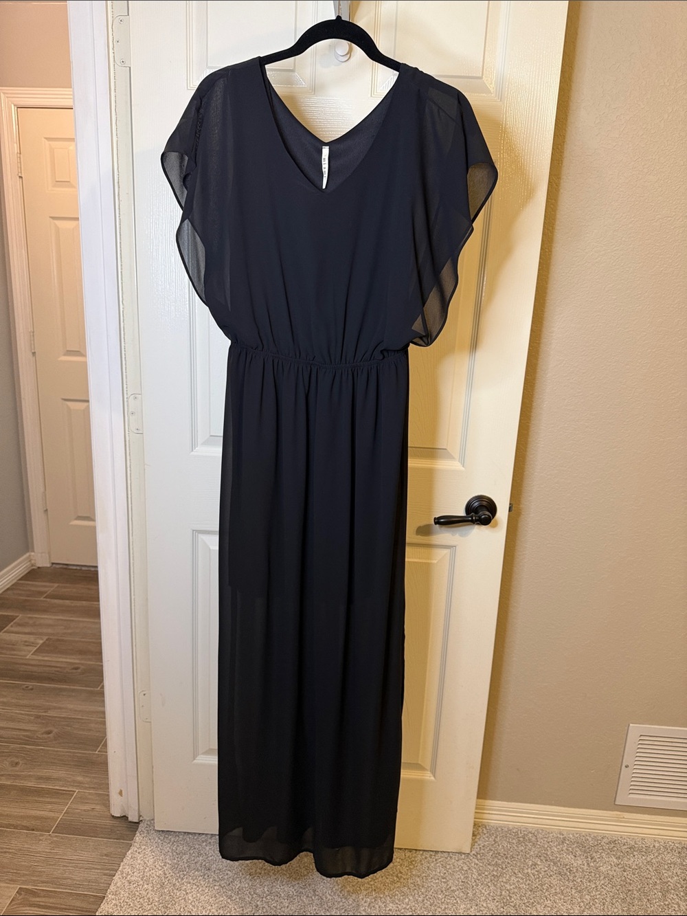 miami Black Chiffon Maxi Dress with Sheer Flutter Sleeves